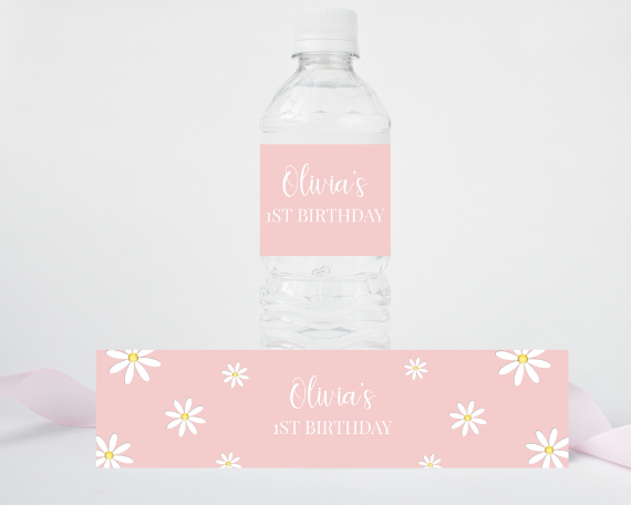 Pink Daisy First Birthday Water Bottle Label, Flower Theme