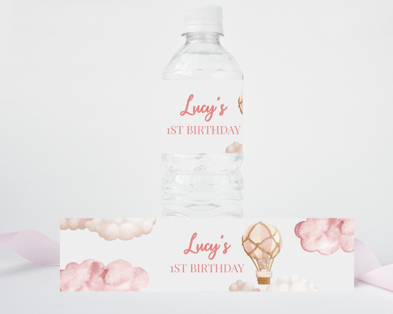 Isn't She Onederful Pink Hot Air Balloon Water Bottle Label, Up In The Clouds Theme, First Birthday