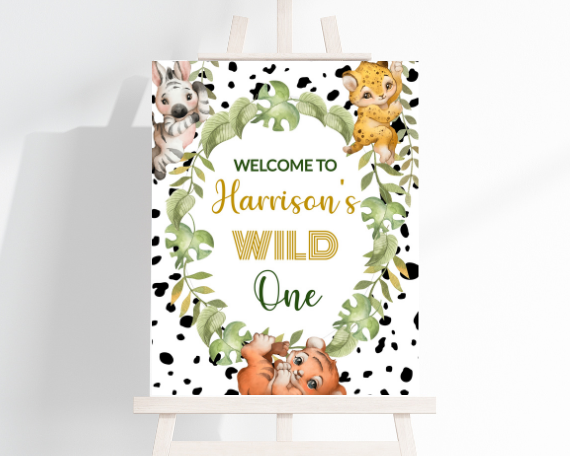 Wild One First Birthday Party Welcome Board, Jungle Safari Animal Theme