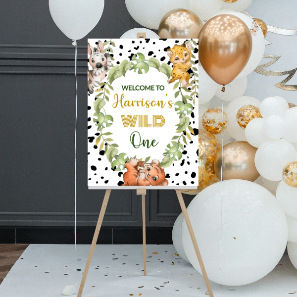 Wild One First Birthday Party Welcome Board, Jungle Safari Animal Theme