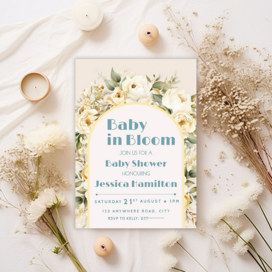 Baby in Bloom Neutral Baby Shower Invitation, Boho Flowers Theme