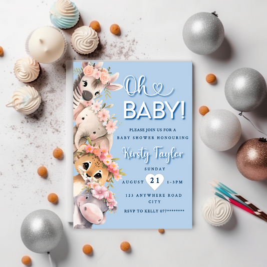 Blue Oh Baby Cute Baby Safari Animal Baby Shower Invitation