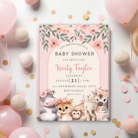 Boho Floral Arch Baby Shower Invitation, Cute Baby Safari Animal Theme