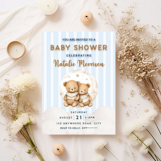 Blue and White Striped Cute Teddy Bear Baby Shower Invitation