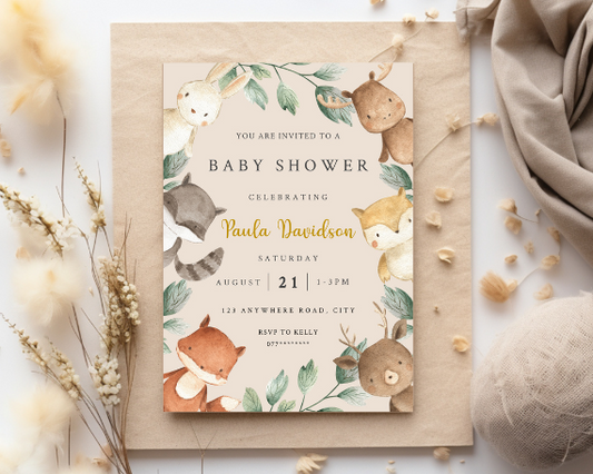 Boho Forest Friends Baby Shower Invitation, Woodland Animal Theme