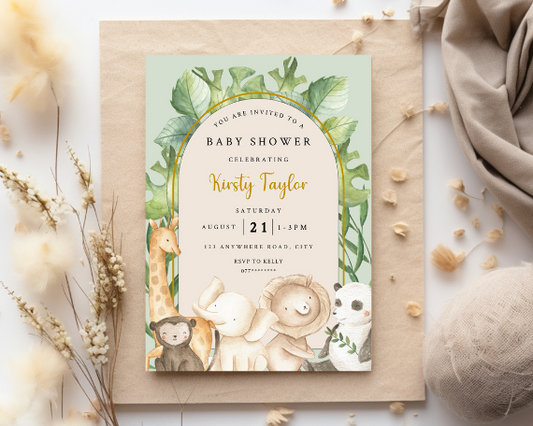 Boho Jungle Safari Arch Baby Shower Invitation, Cute Baby Animal Theme