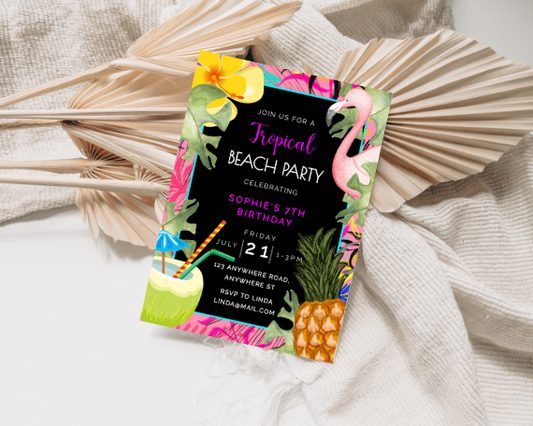 Bright Tropical Beach Party 7th Birthday Invitation