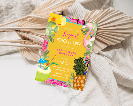 Bright Yellow Tropical Beach Party 7th Birthday Invitation
