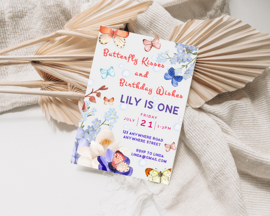 Butterfly Kisses Birthday Wishes First Birthday Invitation, Floral Design