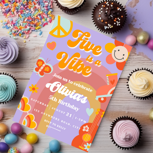 Five is a Vibe Birthday Party Invitation, Groovy Sixties Theme