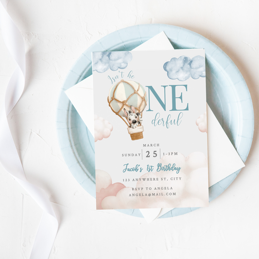 Isn't He Onederful Blue Hot Air Balloon Invite, Up In The Clouds Theme, First Birthday