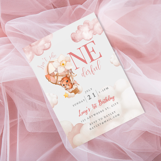Isn't She Onederful Pink Hot Air Balloon Invite, Up In The Clouds Theme, First Birthday