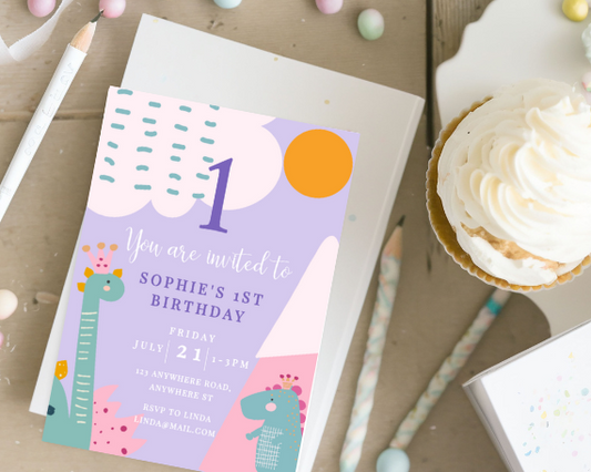 Purple Cute Dinosaur 3rd Birthday Party Invitation