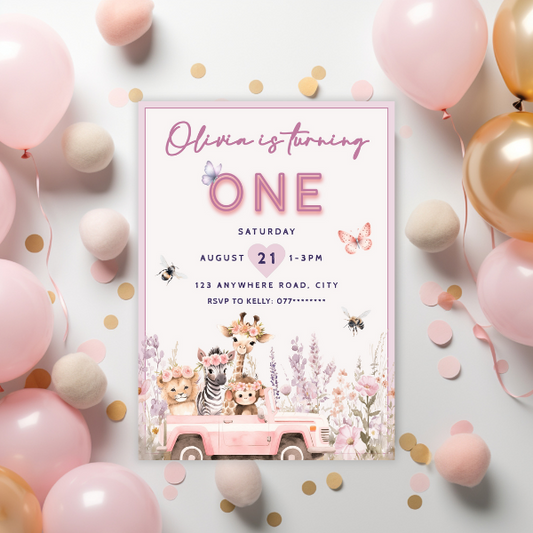 Pink Floral Safari Animal First Birthday Invitation