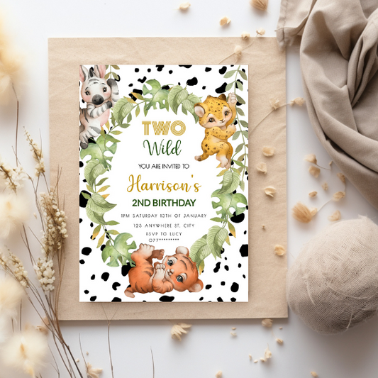 Two Wild Second Birthday Party Invitation, Jungle Safari Animal Theme