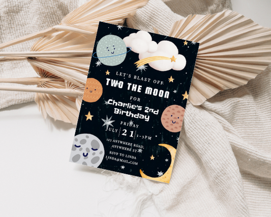 Two the Moon Children's Party Invitation, Outer Space Theme