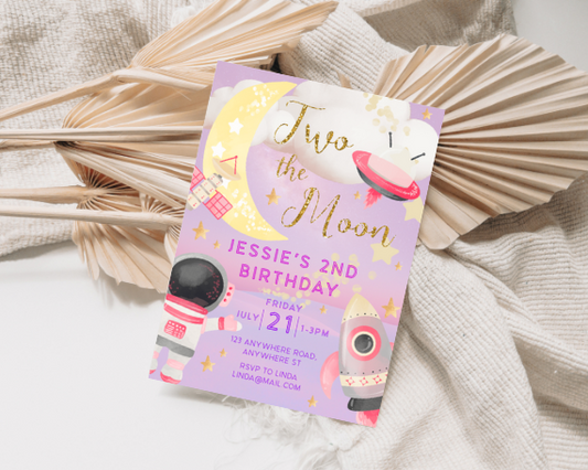 Two the Moon Girl's Second Birthday Party Invitation, Outer Space Theme