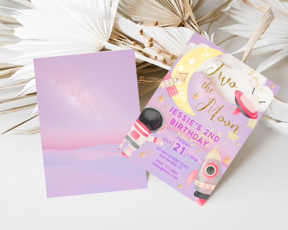 Two the Moon Girl's Second Birthday Party Invitation, Outer Space Theme