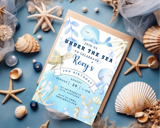 Under The Sea Blue 2nd Birthday Invitation, Ocean Life Theme, Boy Birthday