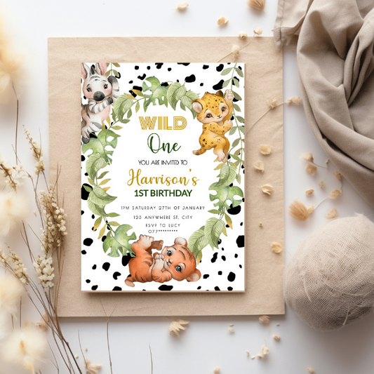 Wild One First Birthday Party Invitation, Jungle Safari Animal Theme
