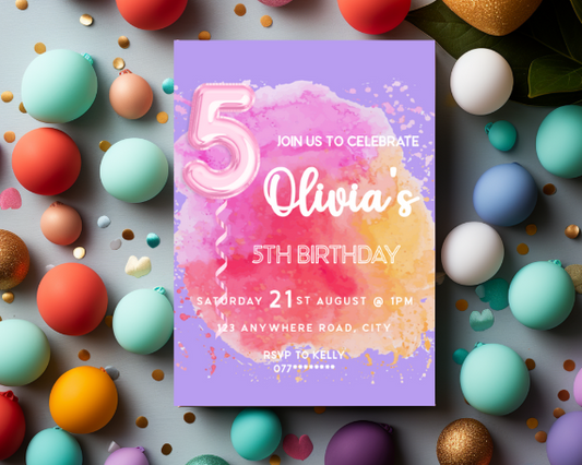 Foil Balloon Children's Fifth Birthday Party Invitation, Colour Splash Theme