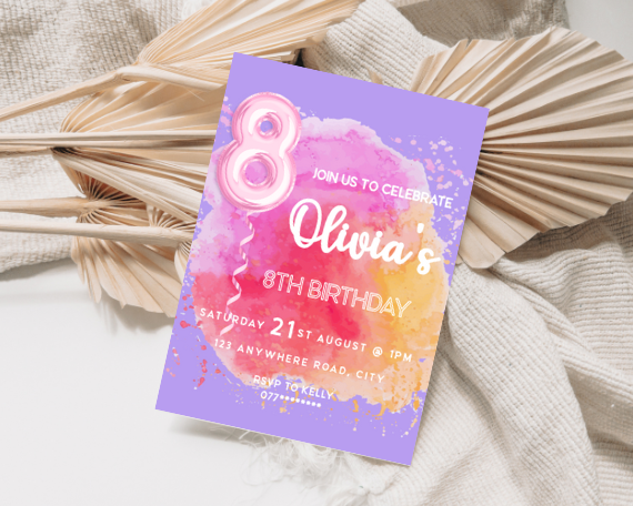 Foil Balloon Children's Eighth Birthday Party Invitation, Colour Splash Theme