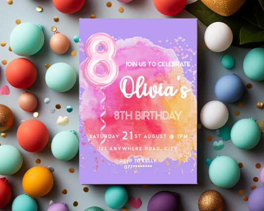 Foil Balloon Children's Eighth Birthday Party Invitation, Colour Splash Theme