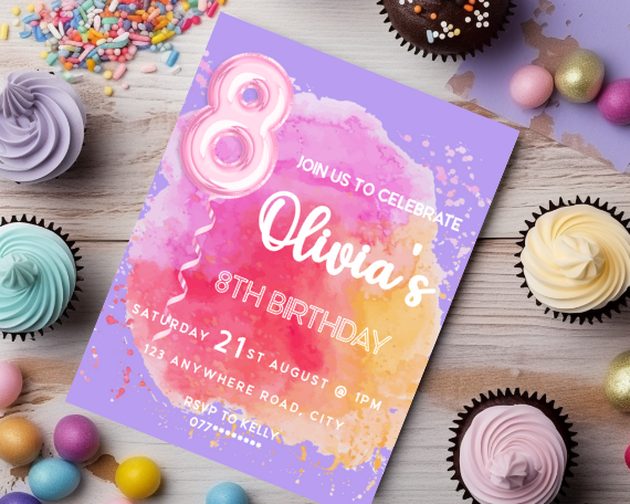 Foil Balloon Children's Eighth Birthday Party Invitation, Colour Splash Theme