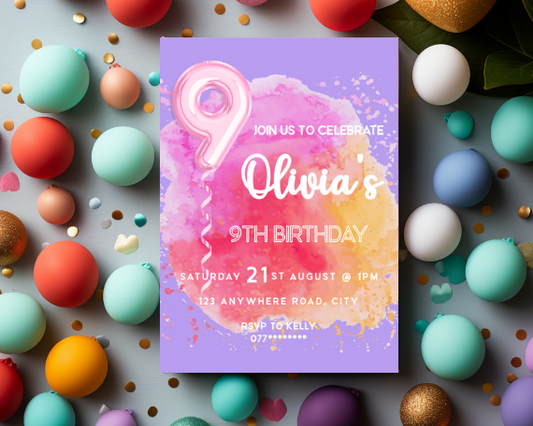 Foil Balloon Children's Ninth Birthday Party Invitation, Colour Splash Theme