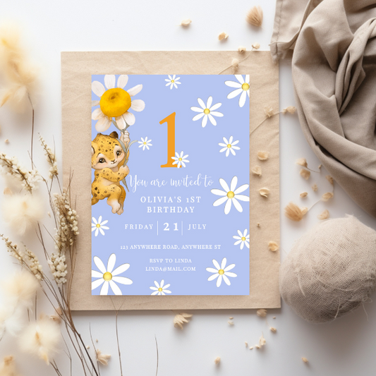 Blue Daisy First Birthday Invitation, Flower Theme, Neutral