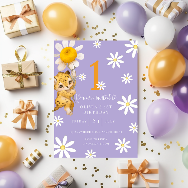 Lilac Daisy First Birthday Invitation, Purple Flower Theme, Neutral