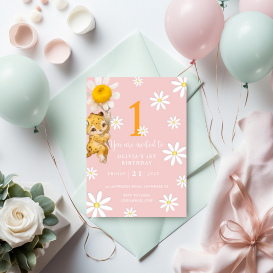 Pink Daisy First Birthday Invitation, Flower Theme, Baby Girl's Birthday