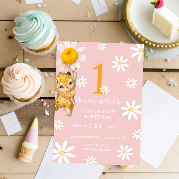 Pink Daisy First Birthday Invitation, Flower Theme, Baby Girl's Birthday
