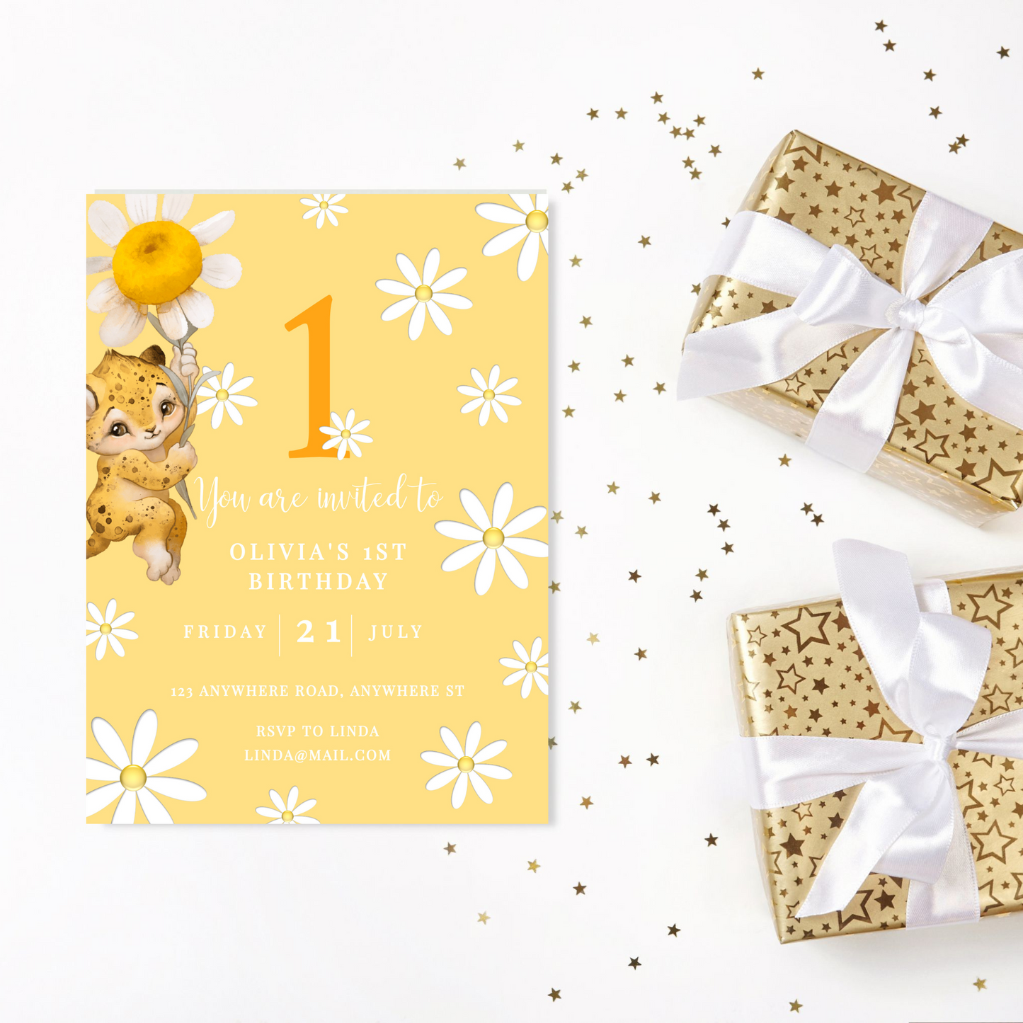 Yellow Daisy First Birthday Invitation, Flower Theme, Neutral