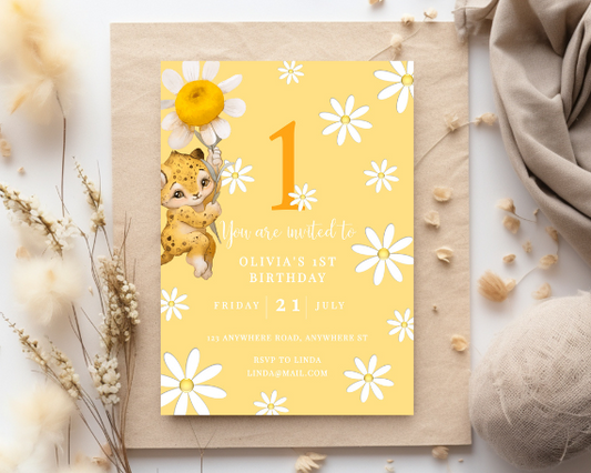 Yellow Daisy First Birthday Invitation, Flower Theme, Neutral