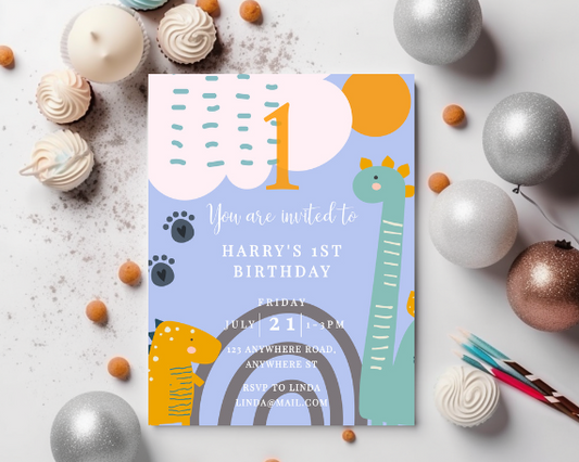 Blue Cute Dinosaur 1st Birthday Party Invitation