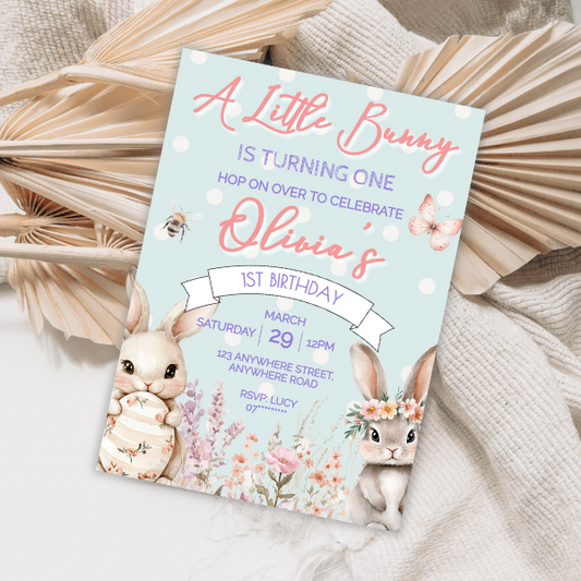 Blue Cute Easter Bunny First Birthday Invitation