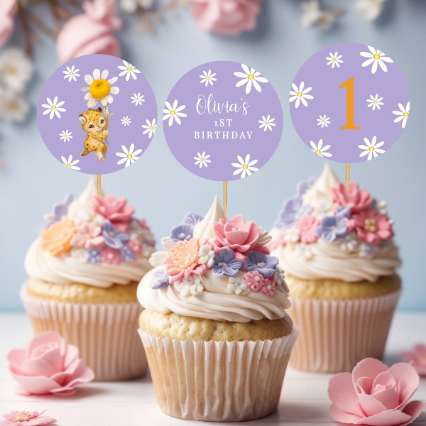 Lilac Daisy First Birthday Cupcake Toppers, Purple Flower Theme, Neutral