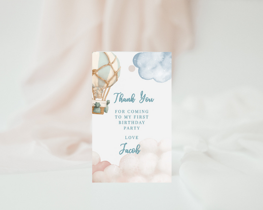 Blue Isn't He Onederful First Birthday Gift Tag, Hot Air Balloon Theme