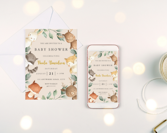 Boho Forest Friends Baby Shower Invitation and Mobile Invite - Woodland Animal Theme