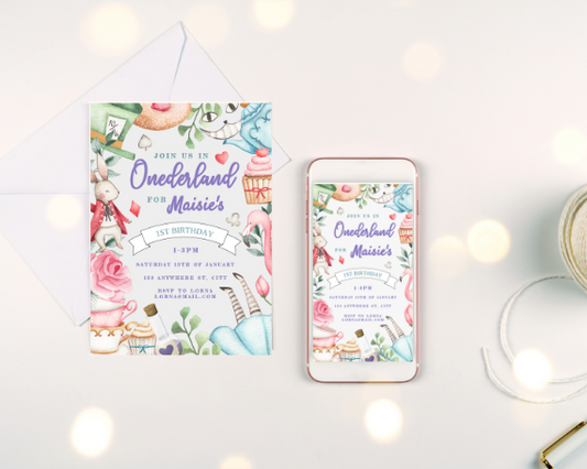 Onederland Invite and Evite, Alice in Wonderland Theme, First Birthday