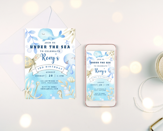 Under The Sea Blue 2nd Birthday Invitation and Mobile Invite, Ocean Life Theme, Boy Birthday