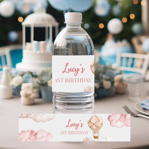 Isn't She Onederful Pink Hot Air Balloon Water Bottle Label, Up In The Clouds Theme, First Birthday