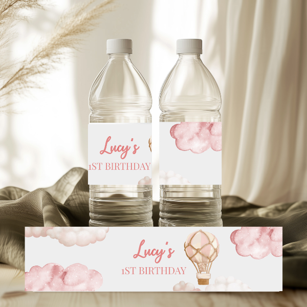Isn't She Onederful Pink Hot Air Balloon Water Bottle Label, Up In The Clouds Theme, First Birthday