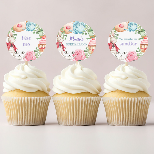 Onederland Cupcake Toppers, Colourful Alice in Wonderland Theme, First Birthday