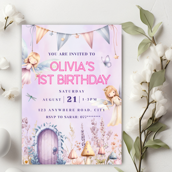 Pink Fairies First Birthday Invitation