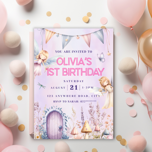 Pink Fairies First Birthday Invitation