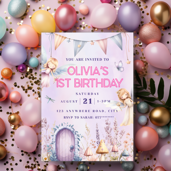 Pink Fairies First Birthday Invitation