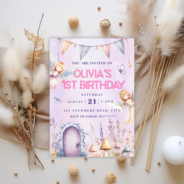 Pink Fairies First Birthday Invitation
