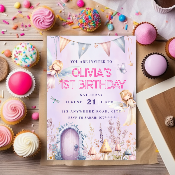Pink Fairies First Birthday Invitation